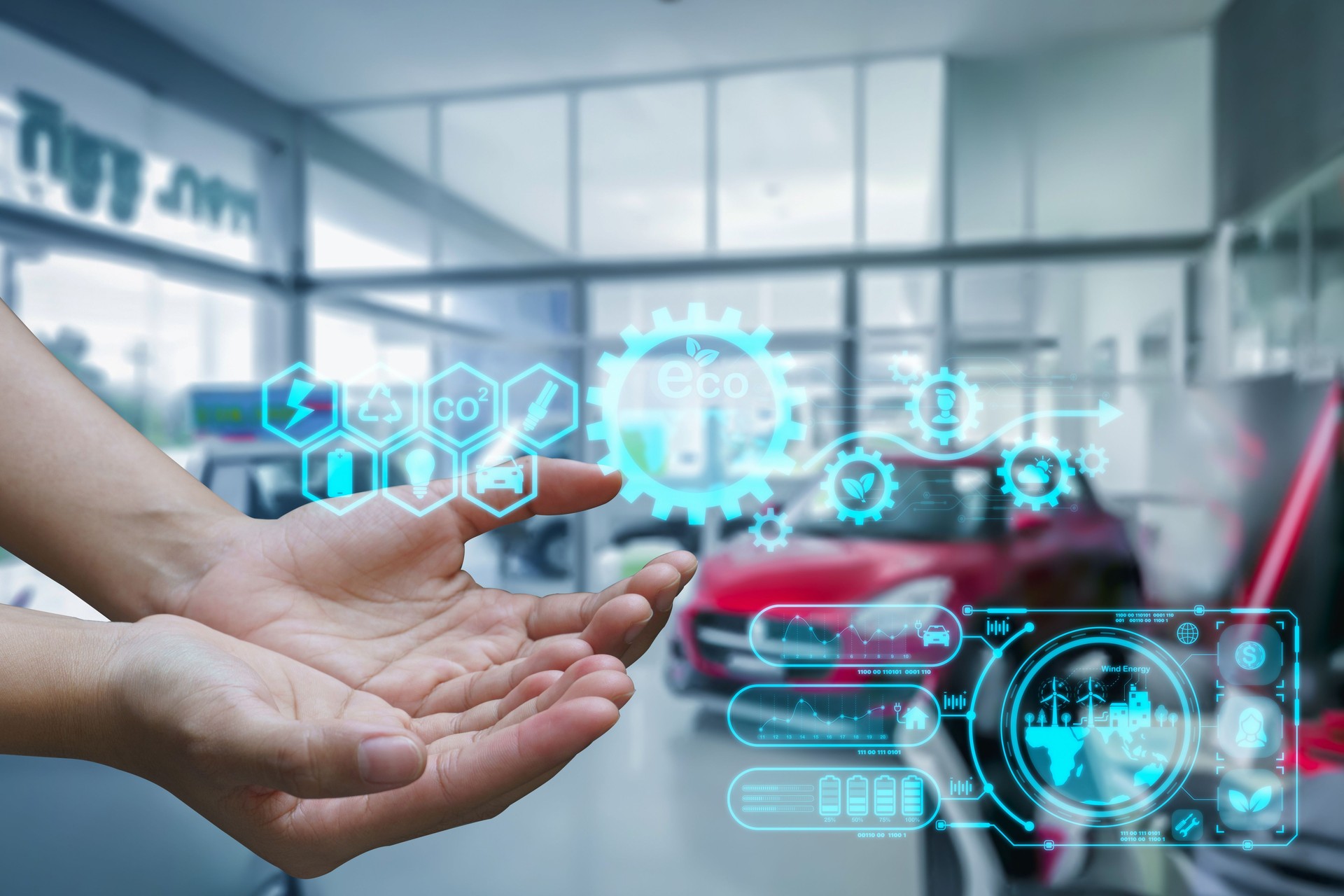 EV Car technology background tech. EV charging station and production for electric car for transport automotive automobile industrial and car eco power produced technology charger station tech CO2.